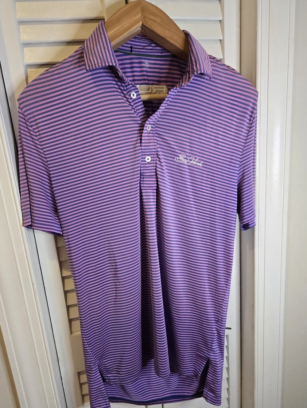 RLX Ralph Lauren Golf Polo Shirt Pink Blue Stripe Sea Island Performance Wicking